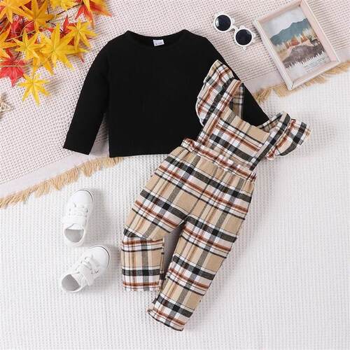 2Pcs Set 2023 Fashion Baby Girls Pure Black Long Sleeve T-sh