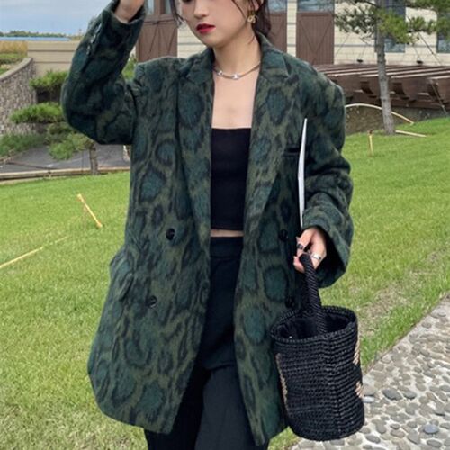 TWOTWINSTYLE Green Leopard Graphic Female Blazer Notched Lon