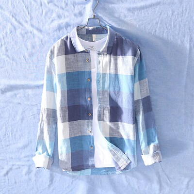 Cotton Linen Casual Plaid Shirts for Men Long Sleeve ops Mal