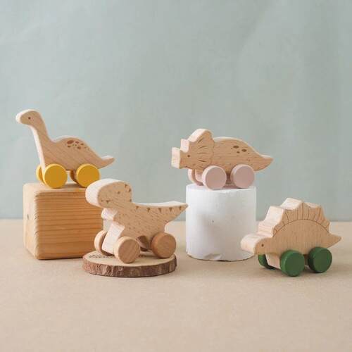 Wooden Baby Car Toys Beech Wooden Dinosaur Cartoon Car Teeth