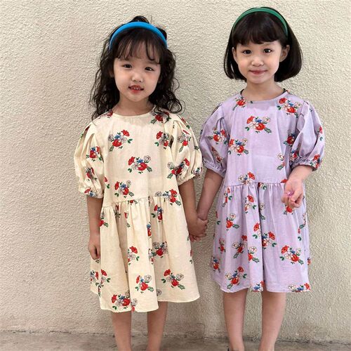 Girls Summer Dress Puff Sleeve Cotton Flower New Childrens