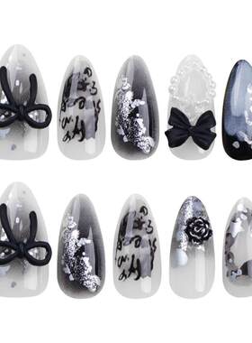 24Pcs Elegant Black Almond Press-On Nail With Pearl Heart&Bo
