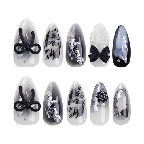 24Pcs Elegant Black Almond Press-On Nail With Pearl Heart&Bo