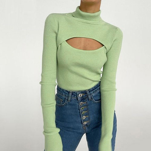 Turtleneck Long Sleeve Hollow Out Slim Knitted Sweaters Autu