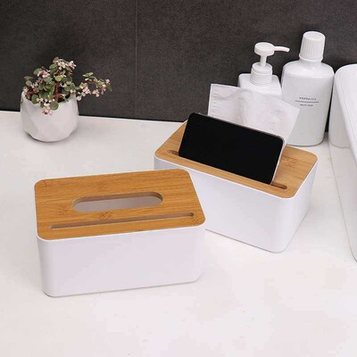 Desktop bamboo paper towel box multi function can put mobile