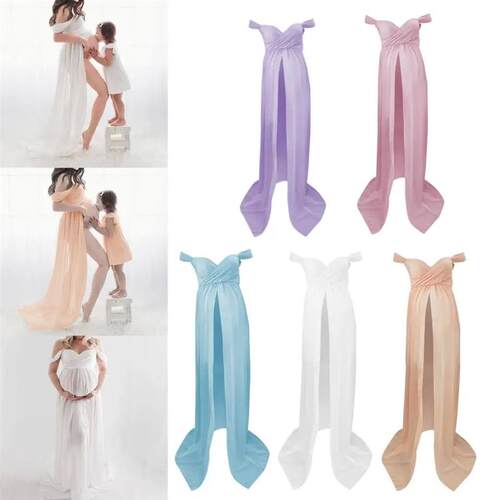 Maternity Off Shoulder Short Sleeve Mesh Sheer Split Dress L