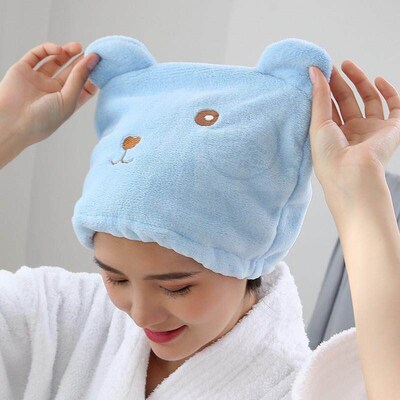 。Cartoon Bear thickened coral velvet dry hair cap microfibe