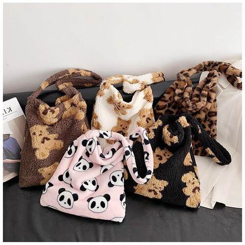 Women Lamb Like Fabric Shoulder Tote Bag  Fluffy Fur Bear Ha