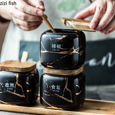 Marbled Ceramic Seasoning Jar Spice Container Condiment Box
