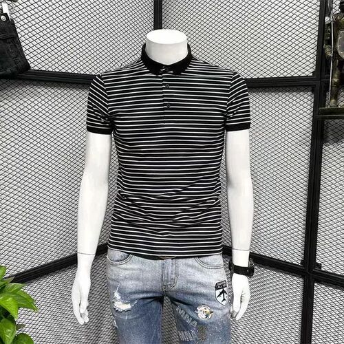 Lapel Stripe Short-sleeve Polo Shirt Mens Summer New Slim-f