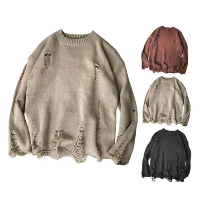Men Wash Hole Ripped Knit Sweaters Solid Color Ripped O Neck