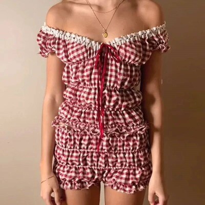 Gaono Women Summer Kawaii 2 Piece Set Outfits Plaid Print V