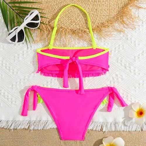 Girls Patchwork Fringe Bikini Swimsuit Kids Halter Top Two P