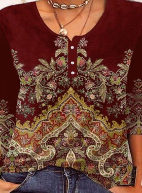 Vintage Ethnic Style Tops Women O Neck Splicing Button Loose