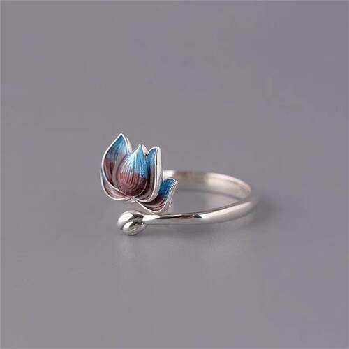 Vintage Silver Plated Blue Lotus Flower Rings For Men Women