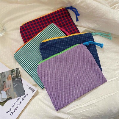 Women Plaid Makeup Bag Fashion Cotton Zipper Pouch Necessari