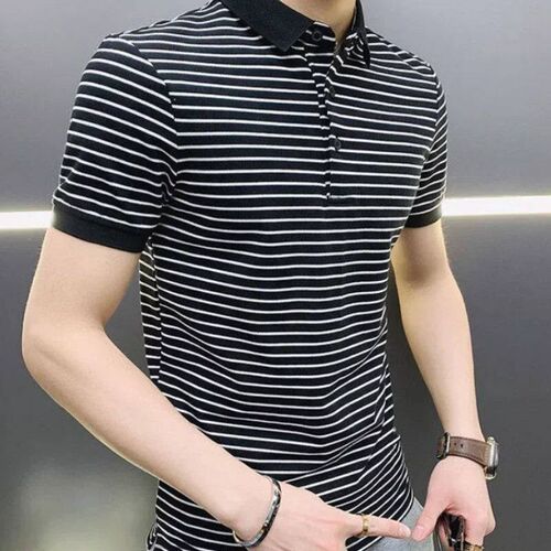Man with Collar Tee Shirts Sreetwear Top Striped Black Vinta