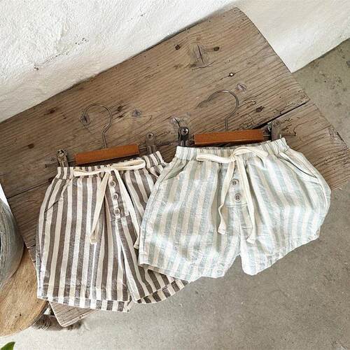 Vintage Linen Cotton Baby Boys Stripe Shorts Casual Buttons