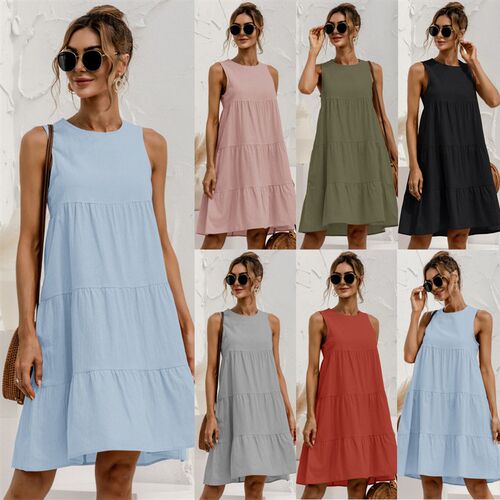 2023 Summer Women Vest Dress Cotton O-Neck Sleeveless Solid