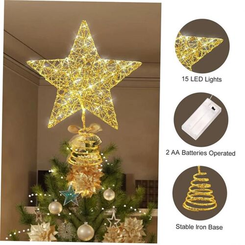 Iron Glitter Powder Christmas Tree Topper Star with LED Copp