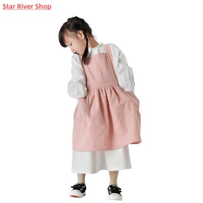 Kids Japanese Cotton Linen Bib Apron Kitchen Baking Uniform