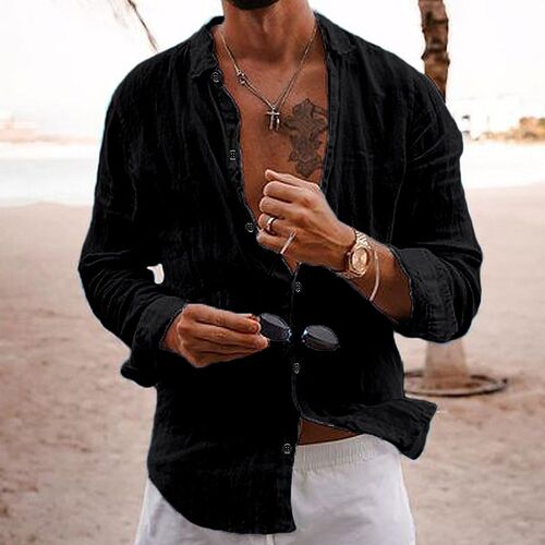 Men Casual Cotton Linen Blouse 2023 Spring Autumn Solid Colo