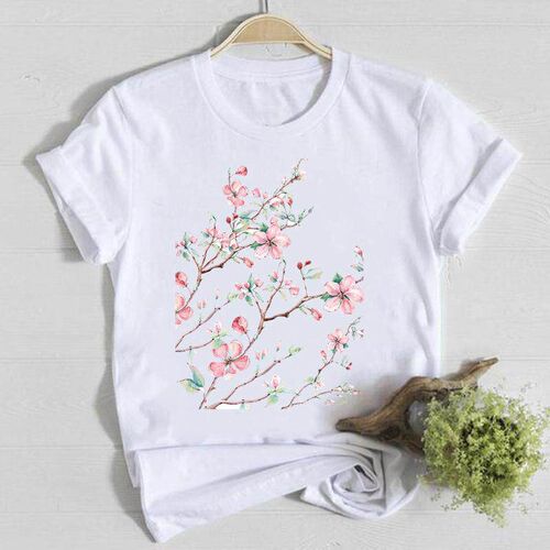 Flower Spring O-neck Tee Top Shirt Lady Clothes Fashion Tshi