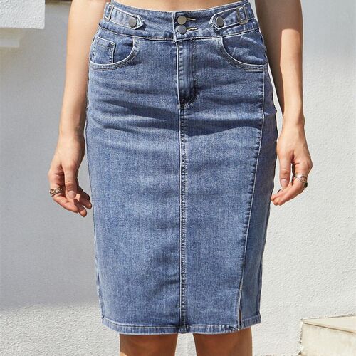 ZHISILAO New Elastic High Waist Denim Skirt Women Casual Mid