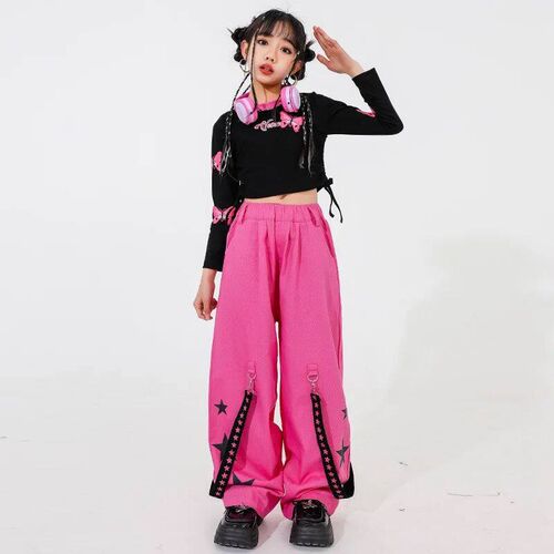 Kids Jazz Dance Clothes Girls Long Sleeve Top Pink Pants Fas