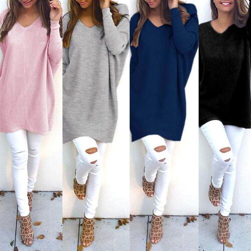 Fashion Women Tops V Neck Long Sleeve Tunic Pullover Casual
