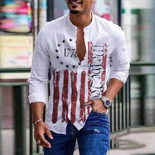 Men Shirts Spring Summer Vintage Printed Long-sleeved Thin B