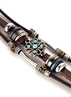 Vintage flower Turquoise mens Leather Bracelet绿松石皮