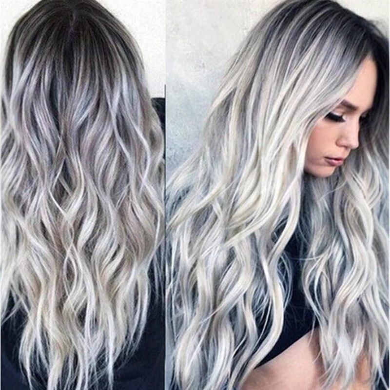 Black And Gray Highlighted Middle-part Curly Hair Wig Gradie - 实物图