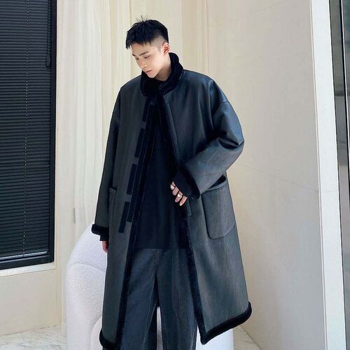 -Winter thick fur one tend dark stand-up collar long leather