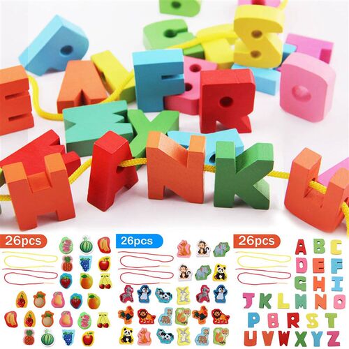 26pcs Lacing Beads Toys Funny Wooden String Threading Beads