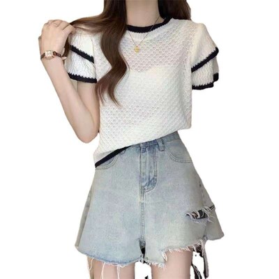 Crewneck Contrast Color Stitching Short-sleeved Sweater Wome