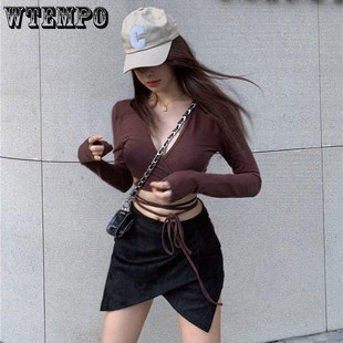 Women Crop Top Summer Long Sleeve Corset Y2k Tops Korean Tan