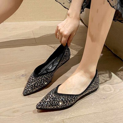 New Rhinestone Sequin Flat Bean Shoes Low Top Shallow Mouth
