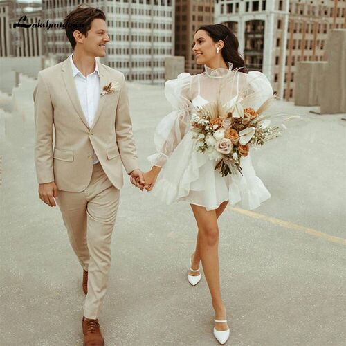 Lovely Short A line Wedding Dress 2023 Full Puff Sleeves Hig