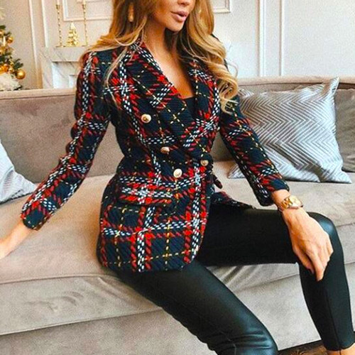 Red Plaid Blazer 2021 Women Spring-Autumn Vintage Tweed Suit