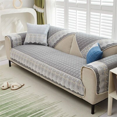 Plaid Lace Decorated Non-slip Sofa Cover Protector Chaise Fo