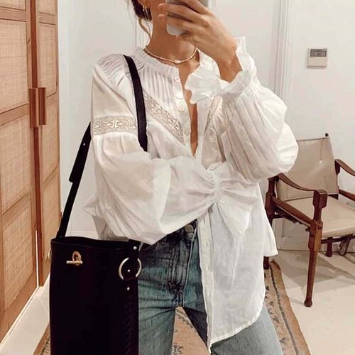 Boho Inspired Semi sheer white blouse for women Frilled neck