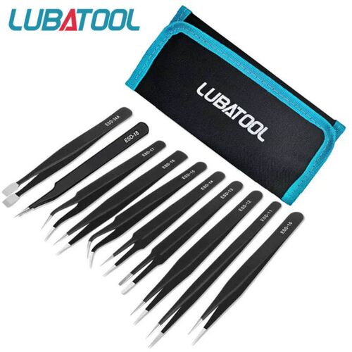 10 Pcs Tweezers Set Bag Stainless Steel Anti-Static Precisio