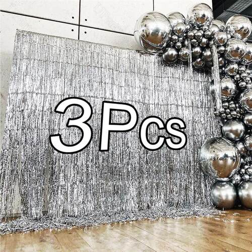 3Pcs Silver Foil Fringe Curtains 10 Colors Metallic Rose Gol