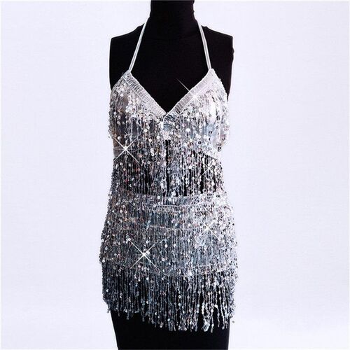 Women Belly Dance Bra Top Halter Bling V-Neck Backless Lace-