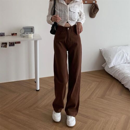 Summer Women Brown Jeans High Waist Loose Straight Wide Leg