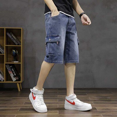 Summer Thin Denim Shorts Mens Loose Multi-Pocket Workwear P