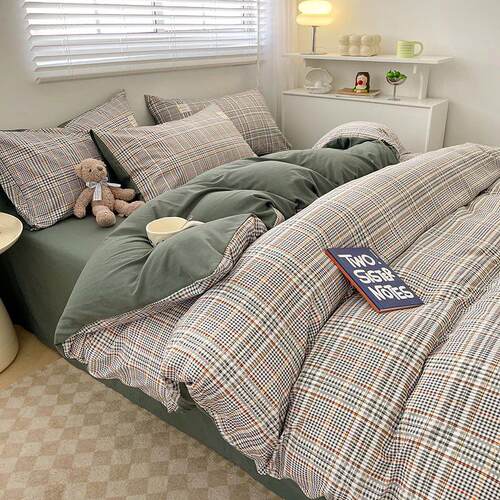 Nordic Plaid Pattern Wash Cotton Bedding Set Duvet Cover Pil
