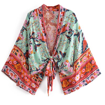 Boho Vintage Floral Print Beach Summer Short Kimono Women Fa