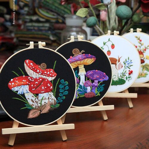 DIY Mushroom Pattern Embroidery Kit with Hoop Needlework Pra